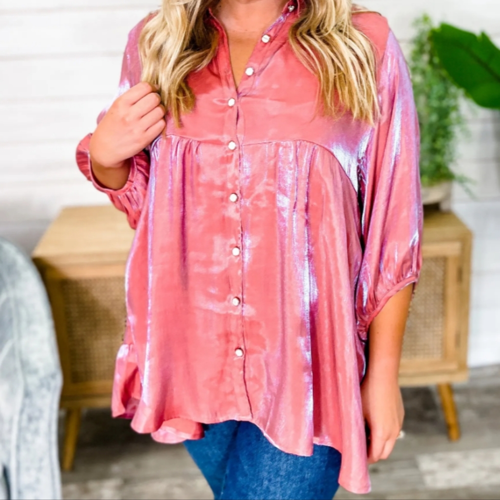 Umgee Shimmery Rose Pink Button-Front Babydoll Blouse